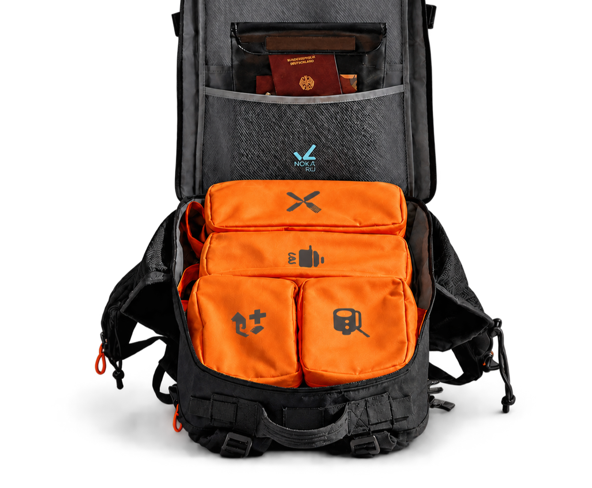 Geöffneter NOKARU Notfallrucksack mit vier herausnehmbaren Modulen